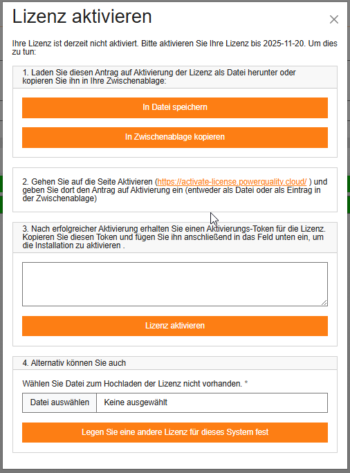 Dialog zur Aktivierung der WebPQ-Installation mit Activation Key