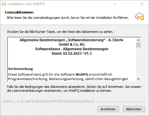 Lizenzvereinbarung im Installationsassistenten