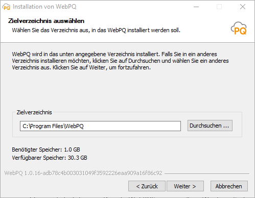 Installationsassistent mit Auswahl des Zielverzeichnisses