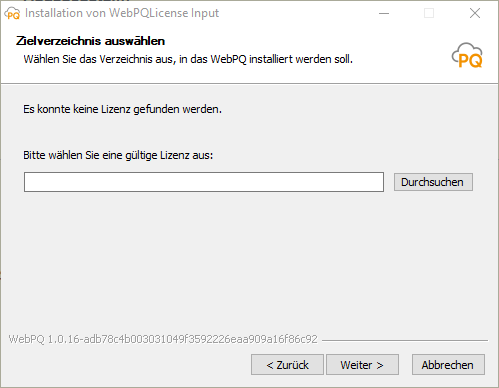 Installationsassistent mit Auswahl der Lizenzdatei