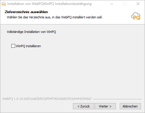 Installationsassistent mit Auswahl von WinPQ