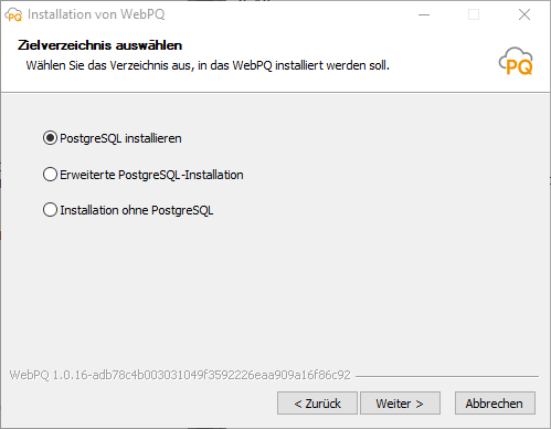 Installationsassistent mit Auswahl der Datenbankinstallation