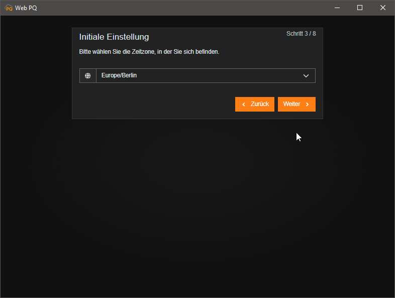 Erstinitialisierung Schritt zur Auswahl der Benutzerzeitzone