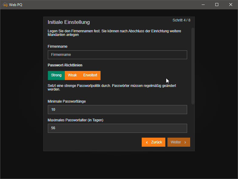 Erstinitialisierung Schritt fuer Passwortrichtlinie und Firmen- oder Mandantenname