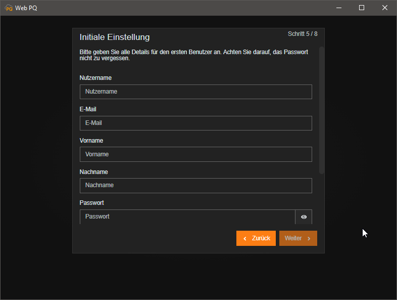 Erstinitialisierung Schritt zur Anlage des Hauptadministrators