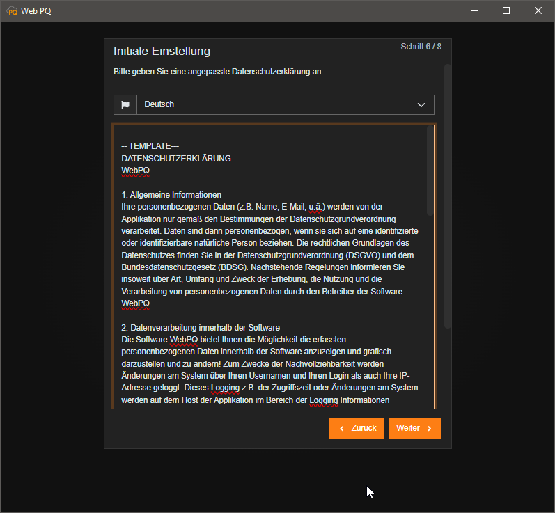 Erstinitialisierung Schritt zur Datenschutzerklaerung