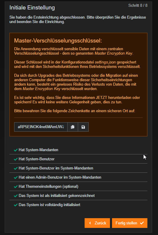 Erstinitialisierung Schritt zur Sicherung des Master Keys