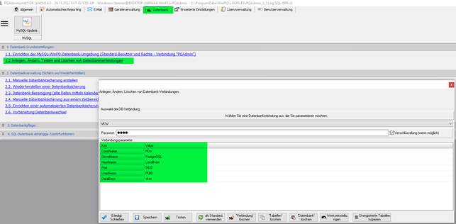 WinPQ-Datenbankeinstellungen mit markierter Datenbankverbindung