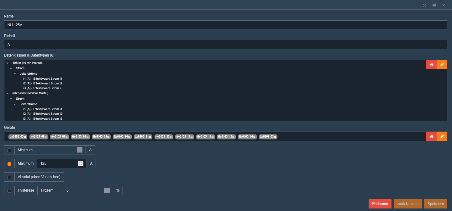 Konfiguration kundenspezifischer Grenzwerte mit Einheit, Datenklassen, Geraeten und Minimalwert