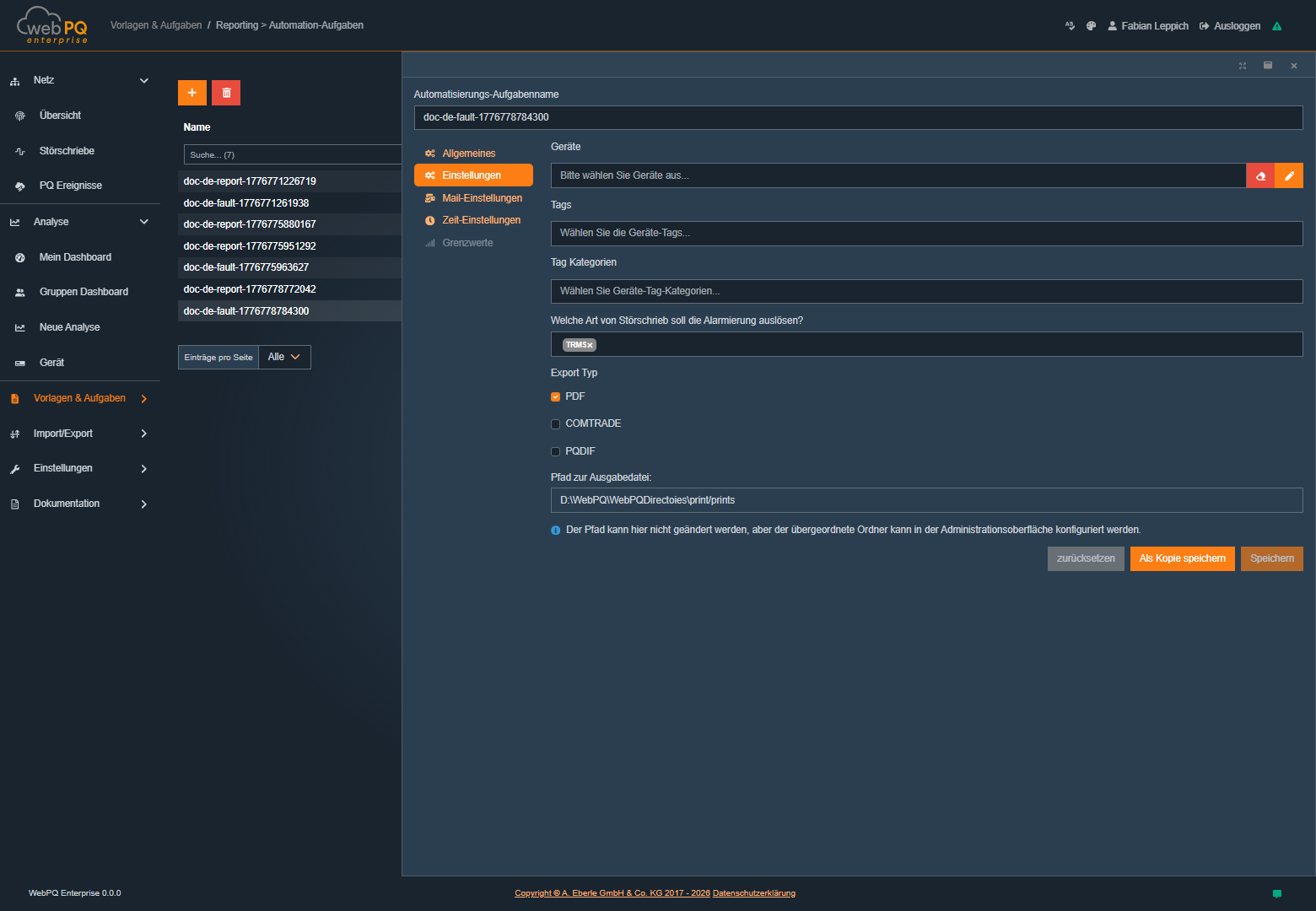 Störschrieb mit Auswahl über Geräte, Tags und Tag Kategorien