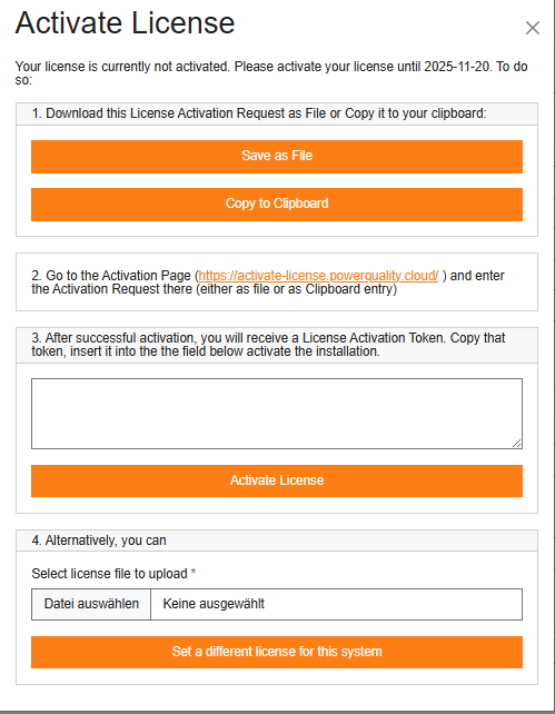Dialog for activating the WebPQ installation with an activation key