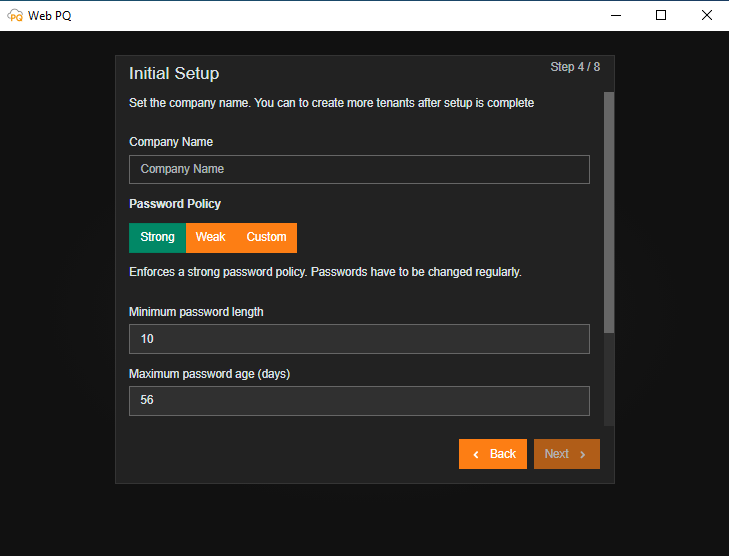 Initial setup step for password policy and company or tenant name