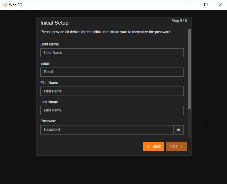 Initial setup step for creating the main administrator