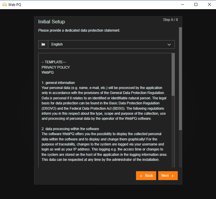 Initial setup step for the privacy policy