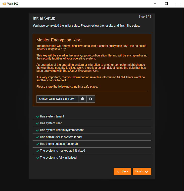 Initial setup step for backing up the master key