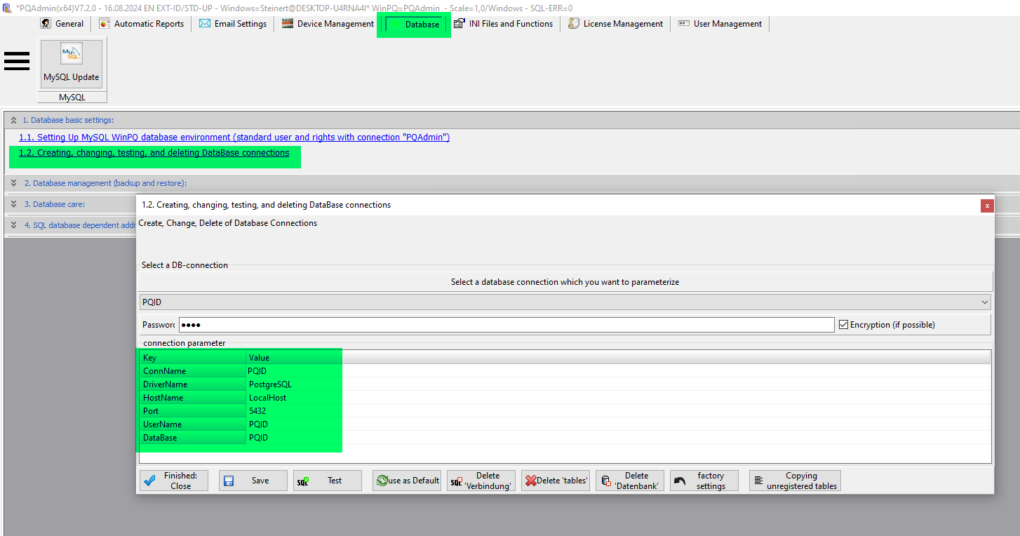 WinPQ database settings with the selected database connection