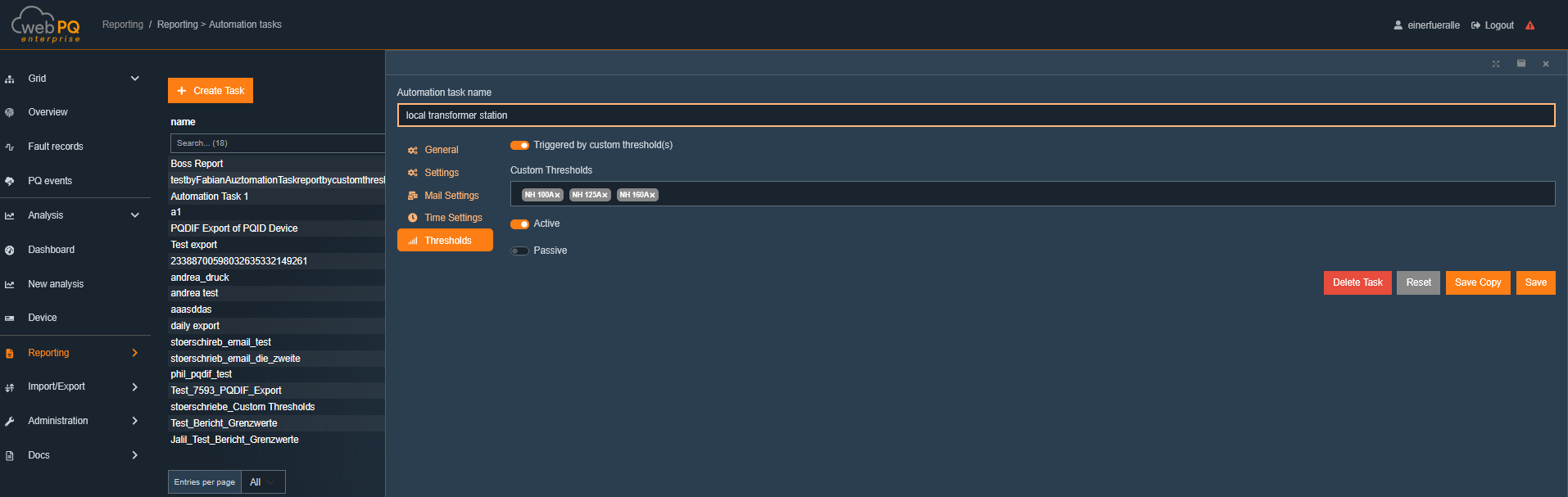 Automation task with custom threshold triggers for report notifications