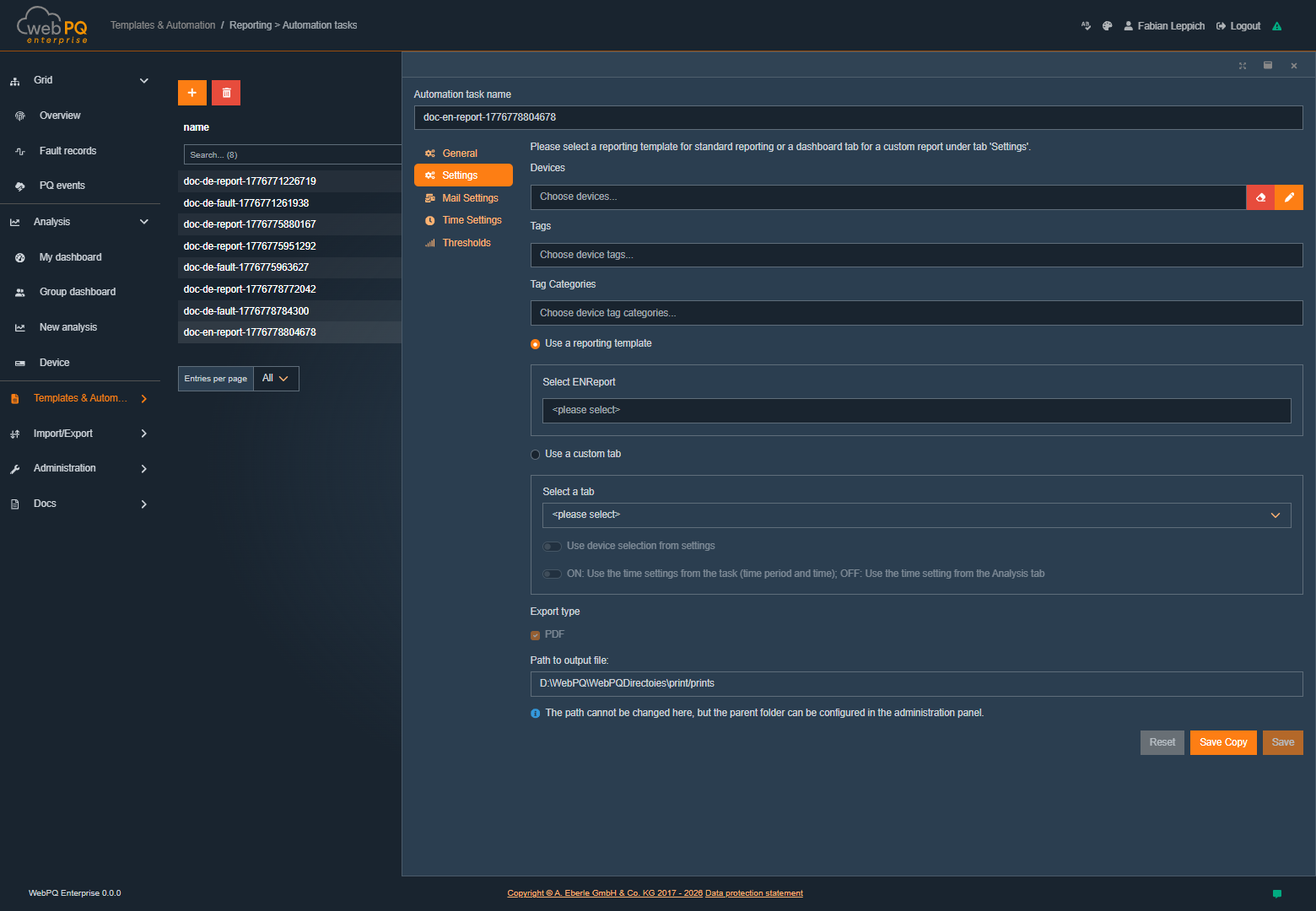 Automation task settings with devices, tags and tag categories