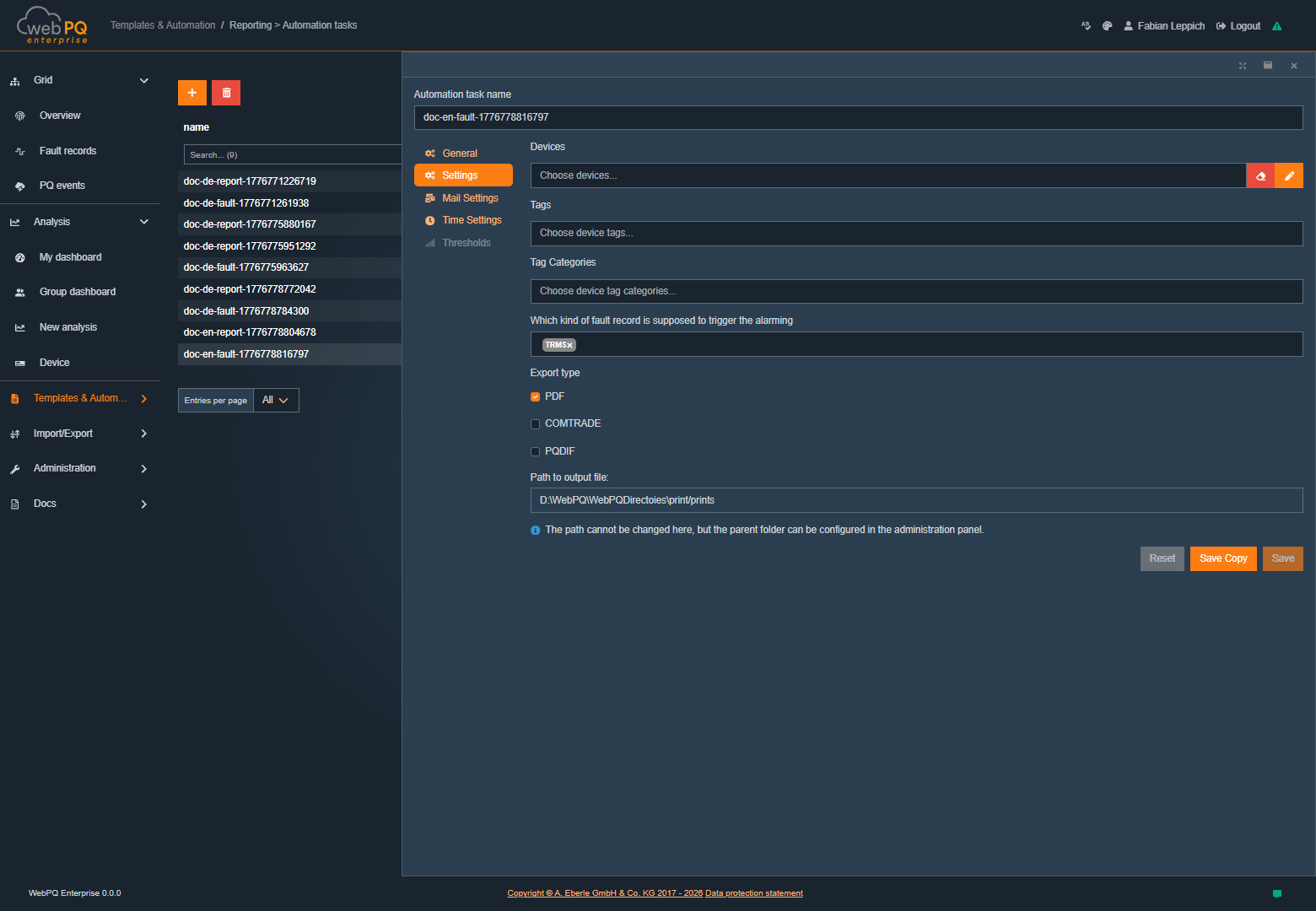 Disturbance record task with device, tag and tag category selection