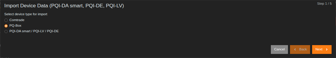 Import wizard with PQ-Box selected